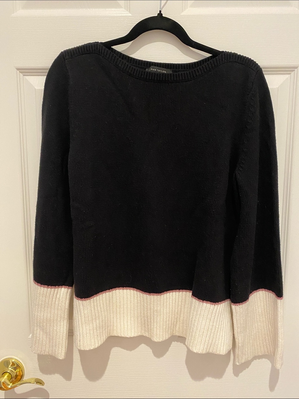 Ann Taylor Black Crewneck Sweater with Cream Hem
